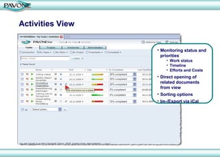 Activities View Monitoring status and priorities  Work status Timeline Efforts and Costs Direct opening of related documents from view Sorting options Im-/Export via iCal 