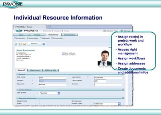 Individual Resource Information


                                  • Assign role(s) in
                                    project work and
                                    workflow
                                  • Access right
                                    management
                                  • Assign workflows
                                  • Assign addresses
                                  • Create documents
                                    and additional infos
 