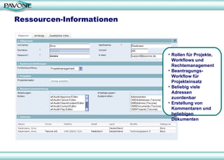 Ressourcen-Informationen Rollen für Projekte, Workflows und Rechtemanagement Beantragungs-Workflow für Projekteinsatz Beliebig viele Adressen zuordenbar Erstellung von Kommentaren und beliebigen Dokumenten 