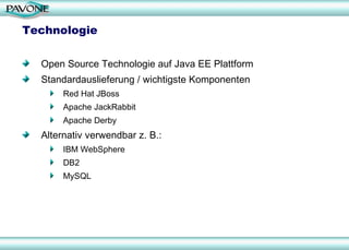Technologie Open Source Technologie auf Java EE Plattform Standardauslieferung / wichtigste Komponenten Red Hat JBoss Apache JackRabbit Apache Derby Alternativ verwendbar z. B.:  IBM WebSphere DB2 MySQL 
