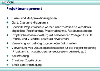 Projektmanagement Einzel- und Multiprojektmanagement Gantt-Chart und Histogramm Spezielle Projektprozesse werden über vordefinierte Workflows abgebildet (Projektantrag, Phasenabnahme, Ressourcenantrag) Projektschablonenverwaltung mit bestehenden Vorlagen für z. B. Prince2 und V-Modell (Individuell erweiterbar) Verwaltung von beliebig zugeordneten Dokumenten Verwendung von Dokumentenschablonen für das Projekt-Reporting (Projektantrag, Stakeholderanalyse, Lessons Learned, etc.) Zeiterfassung Erweiteter Zugriffschutz Email-Benachrichtigung 