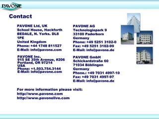 Contact
  PAVONE Ltd, UK               PAVONE AG
  School House, Hackforth      Technologiepark 9
  BEDALE, N. Yorks. DL8        33100 Paderborn
  1PE                          Germany
  United Kingdom               Phone: +49 5251 3102-0
  Phone: +44 1748 811527       Fax: +49 5251 3102-99
  E-Mail: info@pavone.com      E-Mail: info@pavone.de

  PAVONE Inc.                  PAVONE GmbH
  915 SE 35th Avenue, #206     Schickardstraße 60
  Portland, OR 97214
  USA                          71034 Böblingen
  Phone: +1.503.754.3144       Germany
  E-Mail: info@pavone.com      Phone.: +49 7031 4997-10
                               Fax: +49 7031 4997-97
                               E-Mail: info@pavone.de

  For more information please visit:
  http://www.pavone.com
  http://www.pavonelive.com
 