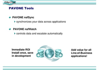 PAVONE Tools

 PAVONE nsfSync
    synchronizes your data across applications

  PAVONE nsfWatch
    controls data and escalate automatically




 Immediate ROI                                   Add value for all
 Install once, save                              Line-of-Business
 in development                                  applications!
 