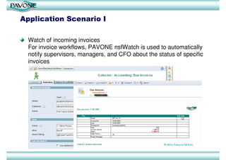 Application Scenario I

  Watch of incoming invoices
  For invoice workflows, PAVONE nsfWatch is used to automatically
  notify supervisors, managers, and CFO about the status of specific
  invoices
 
