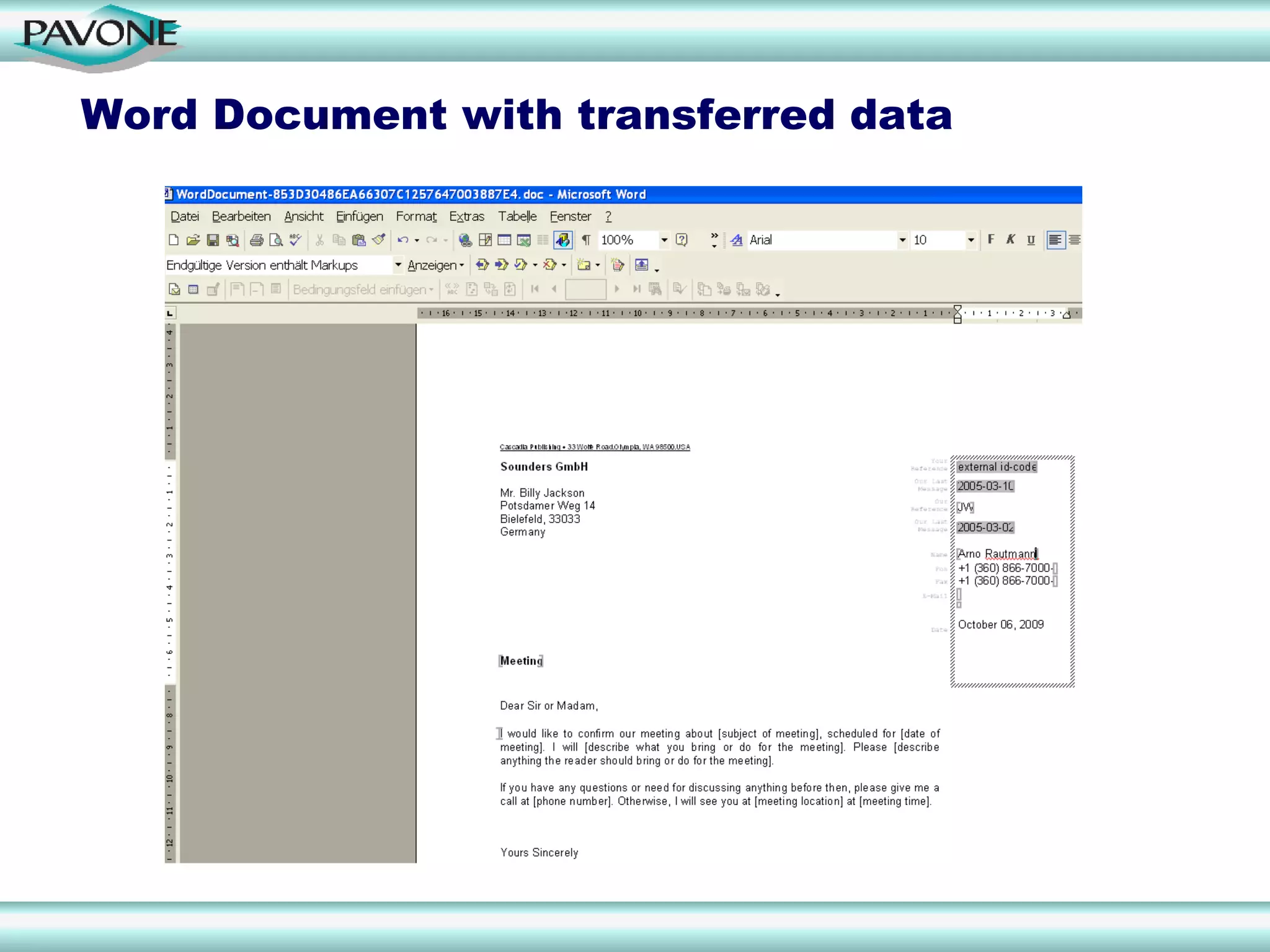 Word Document with transferred data
 