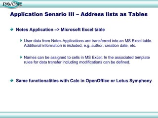 Application Senario III – Address lists as Tables

  Notes Application –> Microsoft Excel table

     User data from Notes Applications are transferred into an MS Excel table.
     Additional information is included, e.g. author, creation date, etc.


     Names can be assigned to cells in MS Excel. In the associated template
     rules for data transfer including modifications can be defined.



  Same functionalities with Calc in OpenOffice or Lotus Symphony
 