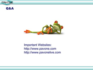 Q&A




      Important Websites:
      http://www.pavone.com
      http://www.pavonelive.com
 