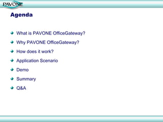 Agenda


 What is PAVONE OfficeGateway?

 Why PAVONE OfficeGateway?

 How does it work?

 Application Scenario

 Demo

 Summary

 Q&A
 