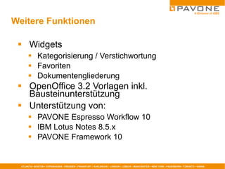 Weitere Funktionen Widgets Kategorisierung / Verstichwortung Favoriten Dokumentengliederung OpenOffice 3.2 Vorlagen inkl. Bausteinunterstützung Unterstützung von: PAVONE Espresso Workflow 10 IBM Lotus Notes 8.5.x PAVONE Framework 10 