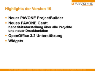 Highlights der Version 10 Neuer PAVONE ProjectBuilder Neues PAVONE Gantt  Kapazitätsdarstellung über alle Projekte und neuer Druckfunktion OpenOffice 3.2 Unterstützung Widgets 
