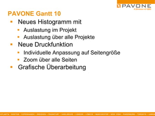PAVONE Gantt 10
            Neues Histogramm mit
                       Auslastung im Projekt
                       Auslastung über alle Projekte
              Neue Druckfunktion
                       Individuelle Anpassung auf Seitengröße
                       Zoom über alle Seiten
              Grafische Überarbeitung




AT L AN T A ▪ B O S T O N ▪ C O P E N H AG E N ▪ D R E S D E N ▪ F R AN K F U R T ▪ K AR L S R U H E ▪ L O N D O N ▪ L Ü B E C K ▪ M AN C H E S T E R ▪ N E W Y O R K ▪ P AD E R B O R N ▪ T O R O N T O ▪ V AR N A
 