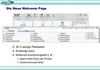 Die Neue Welcome Page 50 % weniger Platzbedarf Eindeutige Icons Modernes Erscheinungsbild z. B. : abgerundete Ecken der Portlets dreidimensionale Reiter 