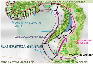 VISUALES VOLCADAS HACIA LA NATURALEZA

VISUALES HACIA EL
AGUA

CIRCULACION PEATONAL

PLANIMETRIA GENERAL

CIRCULACION
VEHICULAR

ESTACIONAMIENTO
CIRCULACION HACIA LOS

ACCESO

 