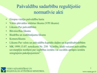 Pašvaldību sadarbību regulējošie
                  normatīvie akti
•   Eiropas vietējo pašvaldību harta
•   Valsts pārvaldes iekārtas likums (VPI likums)
•   Likums Par pašvaldībām
•   Būvniecības likums
•   Biedrību un nodibinājumu likums
•   Komerclikums
•   Likums Par valsts un pašvaldību kapitāla daļām un kapitālsabiedrībām
•   MK 1999.13.07. noteikumi Nr. 250 “Kārtība, kādā veicami pašvaldību
    savstarpējie norēķini par izglītības iestāžu vai sociālās aprūpes iestāžu
    sniegtajiem pakalpojumiem”




                                                                                2
 
