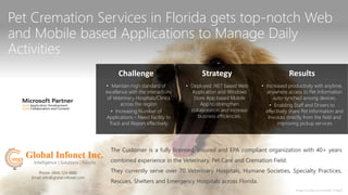 Pet Cremation Services in Florida gets top-notch Web
and Mobile based Applications to Manage Daily
Activities
Challenge
• Maintain high standard of
excellence with the interactions
of Veterinary Hospitals/Clinics
across the region
• Increasing Number of
Applications – Need Facility to
Track and Report effectively
Strategy
• Deployed .NET based Web
Application and Windows
Store App based Mobile
App to strengthen
collaboration and increase
business efficiencies.
Results
• Increased productivity with anytime,
anywhere access to Pet Information
auto-synched among devices.
• Enabling Staff and Drivers to
effectively share Pet Information and
Invoices directly from the field and
improving pickup services
The Customer is a fully licensed, insured and EPA compliant organization with 40+ years
combined experience in the Veterinary, Pet Care and Cremation Field.
They currently serve over 70 Veterinary Hospitals, Humane Societies, Specialty Practices,
Rescues, Shelters and Emergency Hospitals across Florida.
Image Courtesy: jannoon028 / Freepik
Phone: (904) 724-8880
Email: info@global-infonet.com
 