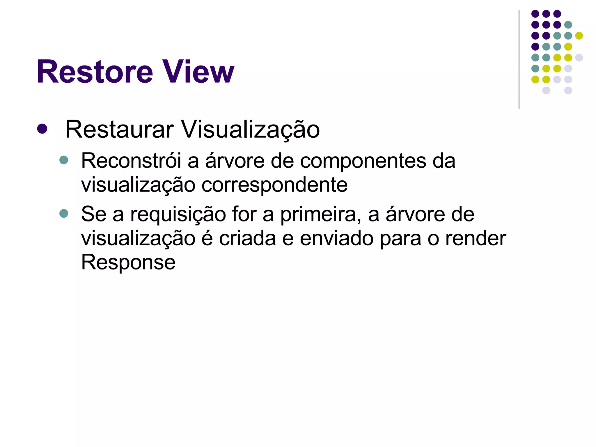 Restore View Restaurar Visualização Reconstrói a árvore de componentes da visualização correspondente Se a requisição for a primeira, a árvore de visualização é criada e enviado para o render Response 