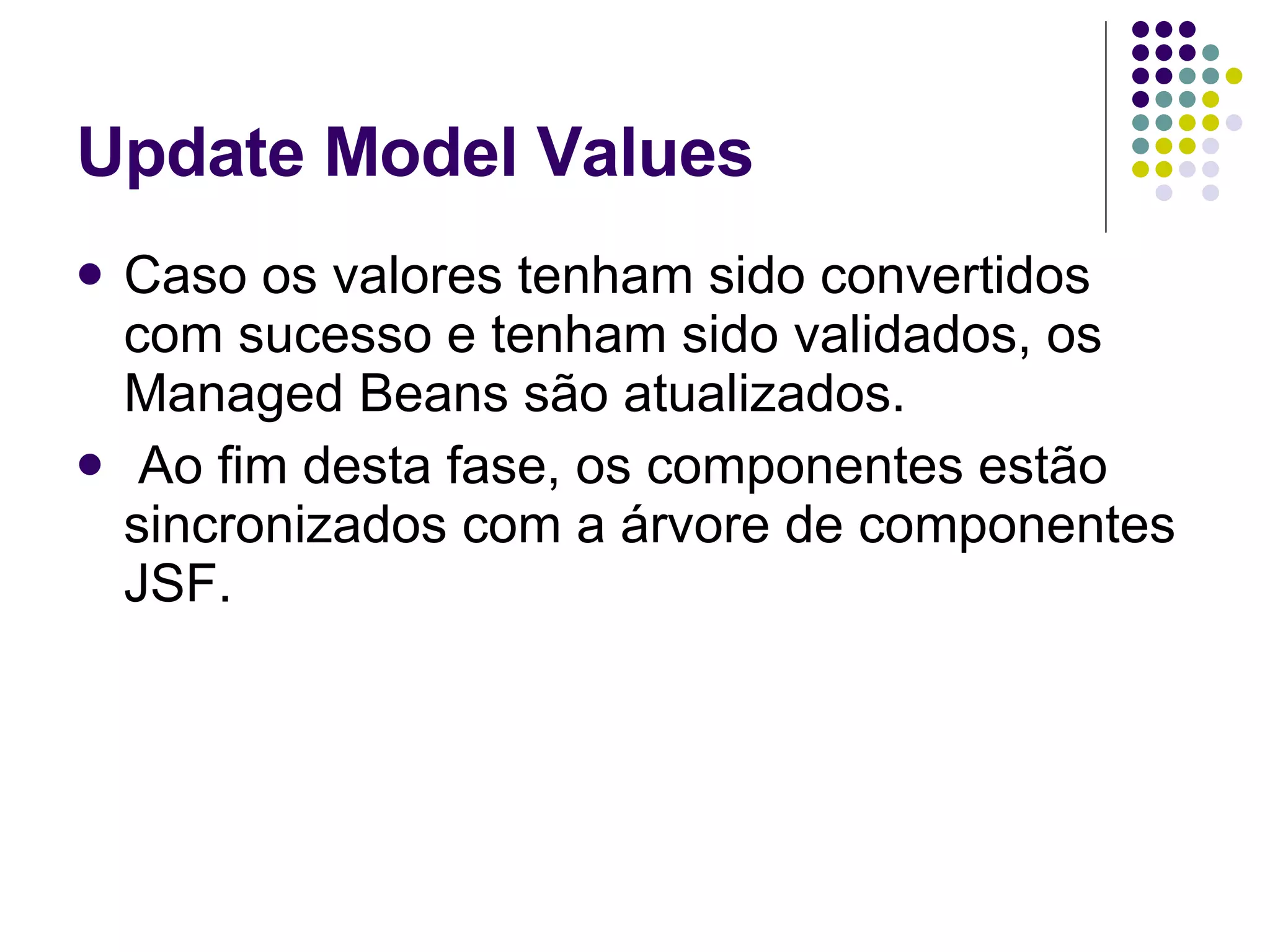 Update Model Values Caso os valores tenham sido convertidos com sucesso e tenham sido validados, os Managed Beans são atualizados. Ao fim desta fase, os componentes estão sincronizados com a árvore de componentes JSF. 