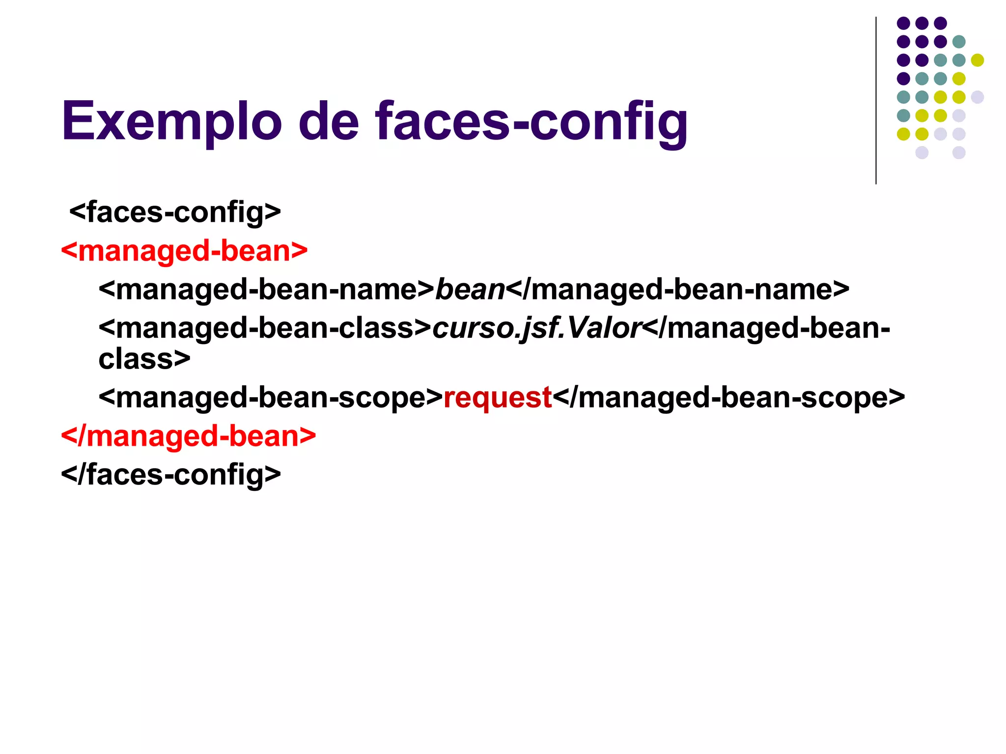 Exemplo de faces-config <faces-config> <managed-bean> <managed-bean-name> bean </managed-bean-name> <managed-bean-class> curso.jsf.Valor </managed-bean-class> <managed-bean-scope> request </managed-bean-scope> </managed-bean> </faces-config> 