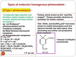 (i)Type I photocatalysis :
P + hν = P*
P* + Et3N = P- + Et3N•+
P- + cat = P + cat-
cat- + CO2 = cat + products
Et3N•+ + Et3N = Et3NH+ + Et2NC•HCH3
Et2NC•HCH3 + P (or cat) =
Et2N+CHCH3
+ P- (or cat-
)
10
Tertiary amine known as the “sacrifice
reagent”. Theses provides electrons to
sensitizer for further reaction
TEA, TEOA, and [Co(NH3)5Cl]2+ have been
shown to readily decompose once the
electron transfer has taken place, thus
preventing any further non-productive
back reactions
1-benzyl-1,4-dihydro-
nicotinamide
Types of molecular homogenous photocatalsts :
“A molecular light absorber and
transition metal complex works in
concert, without one there will be
no reaction.”
eg : (a) [Ru(bpy)3]2+
(photosensitizer) and Re
complexes (catalyst)
(b) Metal tetraaza-macrocyclic
complexes
(c) Supramolecular complexes
 