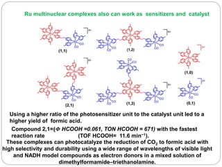 These complexes can photocatalyze the reduction of CO2 to formic acid with
high selectivity and durability using a wide range of wavelengths of visible light
and NADH model compounds as electron donors in a mixed solution of
dimethylformamide–triethanolamine.
Using a higher ratio of the photosensitizer unit to the catalyst unit led to a
higher yield of formic acid.
Compound 2,1=(Φ HCOOH =0.061, TON HCOOH = 671) with the fastest
reaction rate (TOF HCOOH= 11.6 min−1).
Ru multinuclear complexes also can work as sensitizers and catalyst
 
