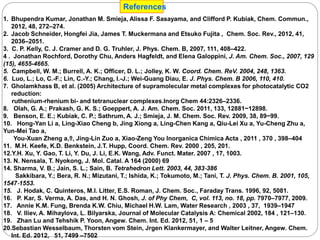 1. Bhupendra Kumar, Jonathan M. Smieja, Alissa F. Sasayama, and Clifford P. Kubiak, Chem. Commun.,
2012, 48, 272–274.
2. Jacob Schneider, Hongfei Jia, James T. Muckermana and Etsuko Fujita , Chem. Soc. Rev., 2012, 41,
2036–2051.
3. C. P. Kelly, C. J. Cramer and D. G. Truhler, J. Phys. Chem. B, 2007, 111, 408–422.
4 . Jonathan Rochford, Dorothy Chu, Anders Hagfeldt, and Elena Galoppini, J. Am. Chem. Soc., 2007, 129
(15), 4655-4665.
5. Campbell, W. M.; Burrell, A. K.; Officer, D. L.; Jolley, K. W. Coord. Chem. ReV. 2004, 248, 1363.
6. Luo, L.; Lo, C.-F.; Lin, C.-Y.; Chang, I.-J.; Wei-Guang Diau, E. J. Phys. Chem. B 2006, 110, 410.
7. Gholamkhass B, et al. (2005) Architecture of supramolecular metal complexes for photocatalytic CO2
reduction:
ruthenium-rhenium bi- and tetranuclear complexes.Inorg Chem 44:2326–2336.
8. Olah, G. A.; Prakash, G. K. S.; Goeppert, A. J. Am. Chem. Soc. 2011, 133, 12881−12898.
9. Benson, E. E.; Kubiak, C. P.; Sathrum, A. J.; Smieja, J. M. Chem. Soc. Rev. 2009, 38, 89−99.
10. Hong-Yan Li a, Ling-Xiao Cheng b, Jing Xiong a, Ling-Chen Kang a, Qiu-Lei Xu a, Yu-Cheng Zhu a,
Yun-Mei Tao a,
You-Xuan Zheng a,⇑, Jing-Lin Zuo a, Xiao-Zeng You Inorganica Chimica Acta , 2011 , 370 , 398–404
11. M.H. Keefe, K.D. Benkstein, J.T. Hupp, Coord. Chem. Rev. 2000 , 205, 201.
12.Y.H. Xu, Y. Gao, T. Li, Y. Du, J. Li, E.K. Wang, Adv. Funct. Mater. 2007 , 17, 1003.
13. N. Nensala, T. Nyokong, J. Mol. Catal. A 164 (2000) 69
14. Sharma, V. B.; Jain, S. L.; Sain, B. Tetrahedron Lett. 2003, 44, 383‐386
Sakkibara, Y.; Bera, R. N.; Mizutani, T.; Ishida, K.; Tokumoto, M.; Tani, T. J. Phys. Chem. B. 2001, 105,
1547‐1553.
15. J. Hodak, C. Quinteros, M.I. Litter, E.S. Roman, J. Chem. Soc., Faraday Trans. 1996, 92, 5081.
16. P. Kar, S. Verma, A. Das, and H. N. Ghosh, J. of Phy Chem, C, vol. 113, no. 18, pp. 7970–7977, 2009.
17. Annie K.M. Fung, Brenda K.W. Chiu, Michael H.W. Lam, Water Research , 2003 , 37, 1939–1947
18. V. Iliev, A. Mihaylova, L. Bilyarska, Journal of Molecular Catalysis A: Chemical 2002, 184 , 121–130.
19. Zhan Lu and Tehshik P. Yoon, Angew. Chem. Int. Ed. 2012, 51, 1 – 5
20.Sebastian Wesselbaum, Thorsten vom Stein, Jrgen Klankermayer, and Walter Leitner, Angew. Chem.
Int. Ed. 2012, 51, 7499 –7502
References
 