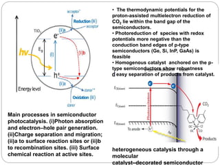 heterogeneous catalysis through a
molecular
catalyst–decorated semiconductor
• The thermodynamic potentials for the
proton-assisted multielectron reduction of
CO2 lie within the band gap of the
semiconductors.
• Photoreduction of species with redox
potentials more negative than the
conduction band edges of p-type
semiconductors (Ge, Si, InP, GaAs) is
feasible
• Homogenous catalyst anchored on the p-
type semiconductors show robustness
easy separation of products from catalyst.
Main processes in semiconductor
photocatalysis. (i)Photon absorption
and electron–hole pair generation.
(ii)Charge separation and migration;
(ii)a to surface reaction sites or (ii)b
to recombination sites. (iii) Surface
chemical reaction at active sites.
 