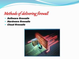 Methodsof deliveringfirewall
 Software firewalls
 Hardware firewalls
 Cloud firewalls
 