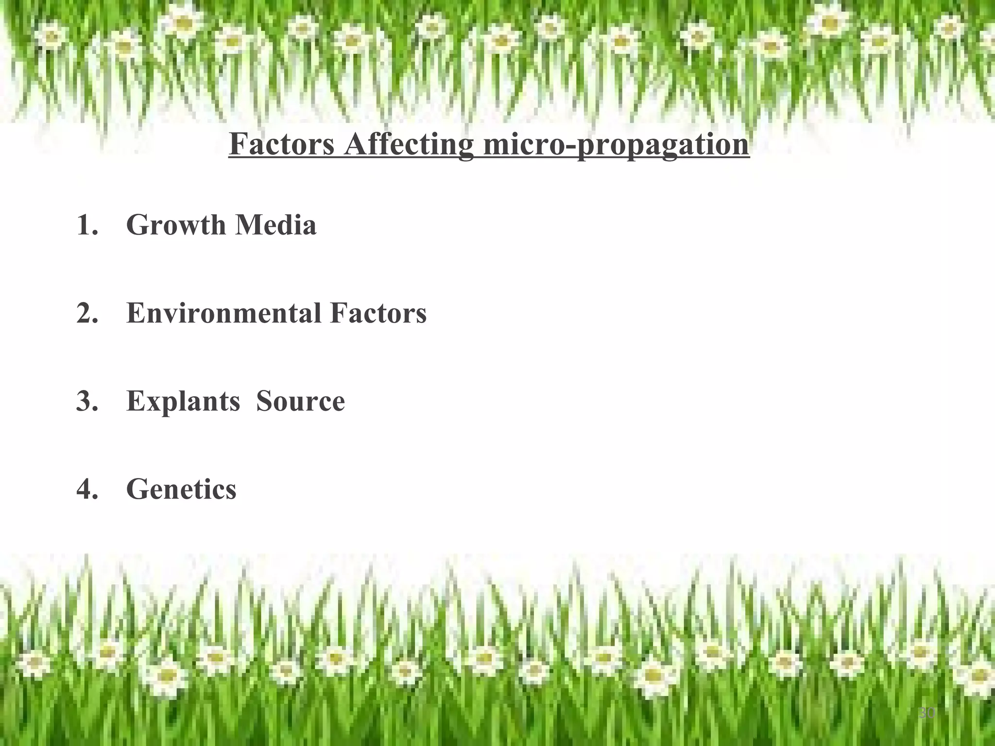 Factors Affecting micro-propagation
1. Growth Media
2. Environmental Factors
3. Explants Source
4. Genetics
30
 
