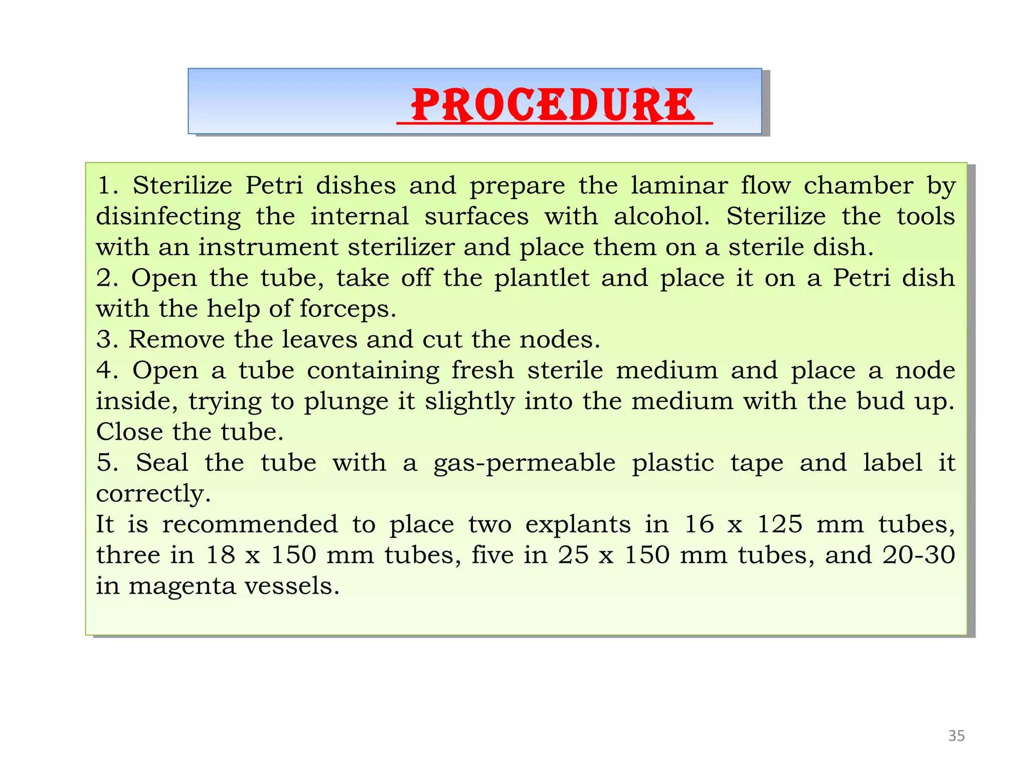 35
1. Sterilize Petri dishes and prepare the laminar flow chamber by
disinfecting the internal surfaces with alcohol. Sterilize the tools
with an instrument sterilizer and place them on a sterile dish.
2. Open the tube, take off the plantlet and place it on a Petri dish
with the help of forceps.
3. Remove the leaves and cut the nodes.
4. Open a tube containing fresh sterile medium and place a node
inside, trying to plunge it slightly into the medium with the bud up.
Close the tube.
5. Seal the tube with a gas-permeable plastic tape and label it
correctly.
It is recommended to place two explants in 16 x 125 mm tubes,
three in 18 x 150 mm tubes, five in 25 x 150 mm tubes, and 20-30
in magenta vessels.
1. Sterilize Petri dishes and prepare the laminar flow chamber by
disinfecting the internal surfaces with alcohol. Sterilize the tools
with an instrument sterilizer and place them on a sterile dish.
2. Open the tube, take off the plantlet and place it on a Petri dish
with the help of forceps.
3. Remove the leaves and cut the nodes.
4. Open a tube containing fresh sterile medium and place a node
inside, trying to plunge it slightly into the medium with the bud up.
Close the tube.
5. Seal the tube with a gas-permeable plastic tape and label it
correctly.
It is recommended to place two explants in 16 x 125 mm tubes,
three in 18 x 150 mm tubes, five in 25 x 150 mm tubes, and 20-30
in magenta vessels.
procedureprocedure
 