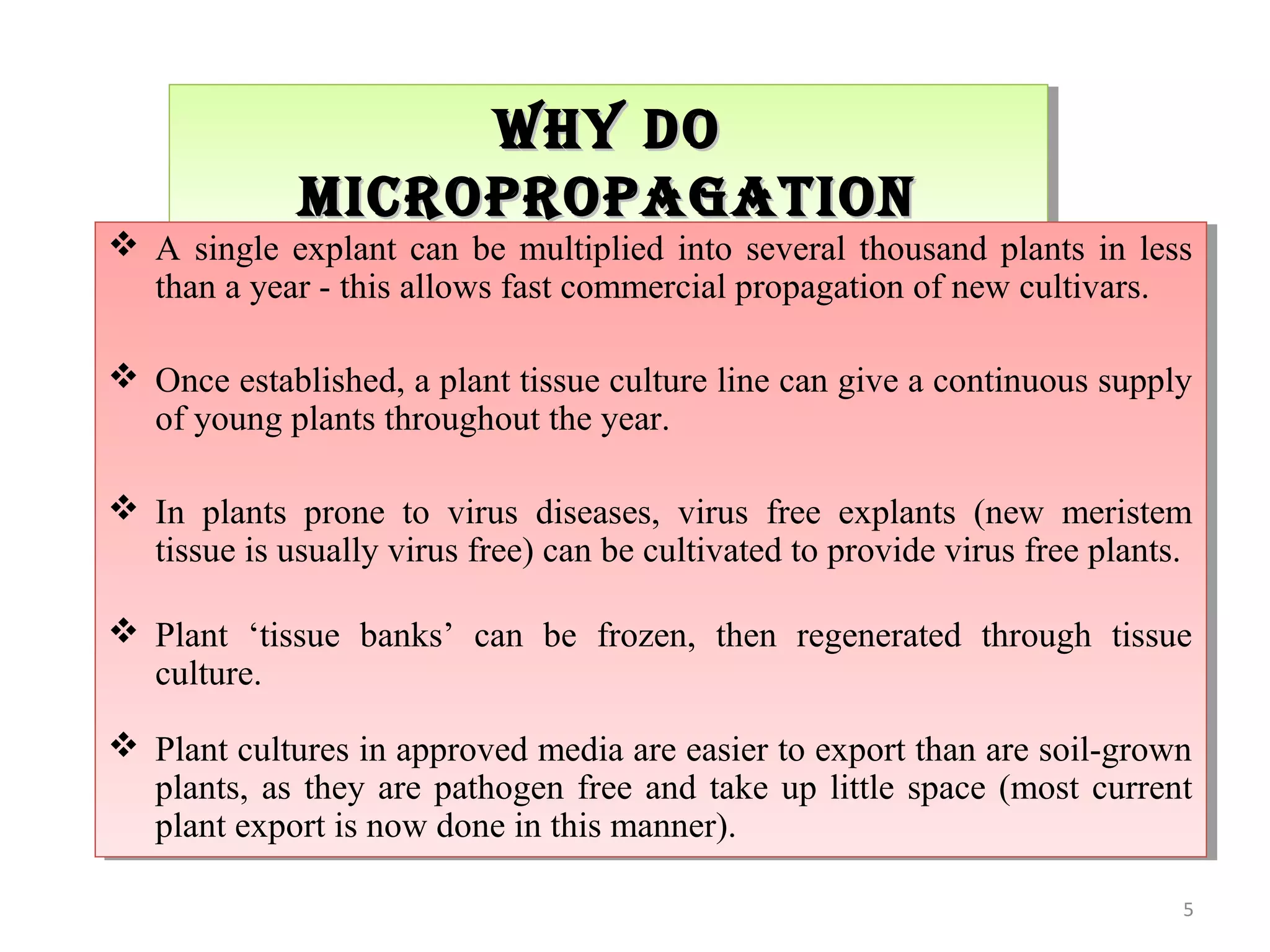 why dowhy do
MiCroProPagaTioNMiCroProPagaTioN
why dowhy do
MiCroProPagaTioNMiCroProPagaTioN
 A single explant can be multiplied into several thousand plants in less
than a year - this allows fast commercial propagation of new cultivars.
 Once established, a plant tissue culture line can give a continuous supply
of young plants throughout the year.
 In plants prone to virus diseases, virus free explants (new meristem
tissue is usually virus free) can be cultivated to provide virus free plants.
 Plant ‘tissue banks’ can be frozen, then regenerated through tissue
culture.
 Plant cultures in approved media are easier to export than are soil-grown
plants, as they are pathogen free and take up little space (most current
plant export is now done in this manner).
 A single explant can be multiplied into several thousand plants in less
than a year - this allows fast commercial propagation of new cultivars.
 Once established, a plant tissue culture line can give a continuous supply
of young plants throughout the year.
 In plants prone to virus diseases, virus free explants (new meristem
tissue is usually virus free) can be cultivated to provide virus free plants.
 Plant ‘tissue banks’ can be frozen, then regenerated through tissue
culture.
 Plant cultures in approved media are easier to export than are soil-grown
plants, as they are pathogen free and take up little space (most current
plant export is now done in this manner).
5
 