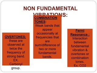 NON FUNDAMENTAL
VIBRATIONS:
Fermi
Resonance :
Interaction
between
fundamental
vibration &
overtones or
combination
tones.
Ex. CO2
OVERTONES:
these are
observed at
twice the
frequency of
strong band.
EX.
Carbonyl
group.
COMBINATION
TONES:
Weak bands that
appear
occasionally at
frequencies that
are
sum/difference of
two or more
fundamental
bands.
 