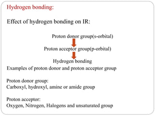 Hydrogen bonding:
Effect of hydrogen bonding on IR:
Proton donor group(s-orbital)
Proton acceptor group(p-orbital)
Hydrogen bonding
Examples of proton donor and proton acceptor group
Proton donor group:
Carboxyl, hydroxyl, amine or amide group
Proton acceptor:
Oxygen, Nitrogen, Halogens and unsaturated group
 