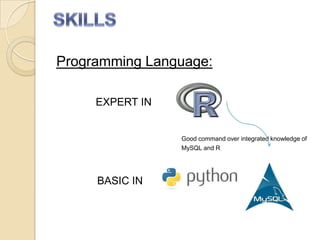 Programming Language:
EXPERT IN
Good command over integrated knowledge of
MySQL and R
BASIC IN
 