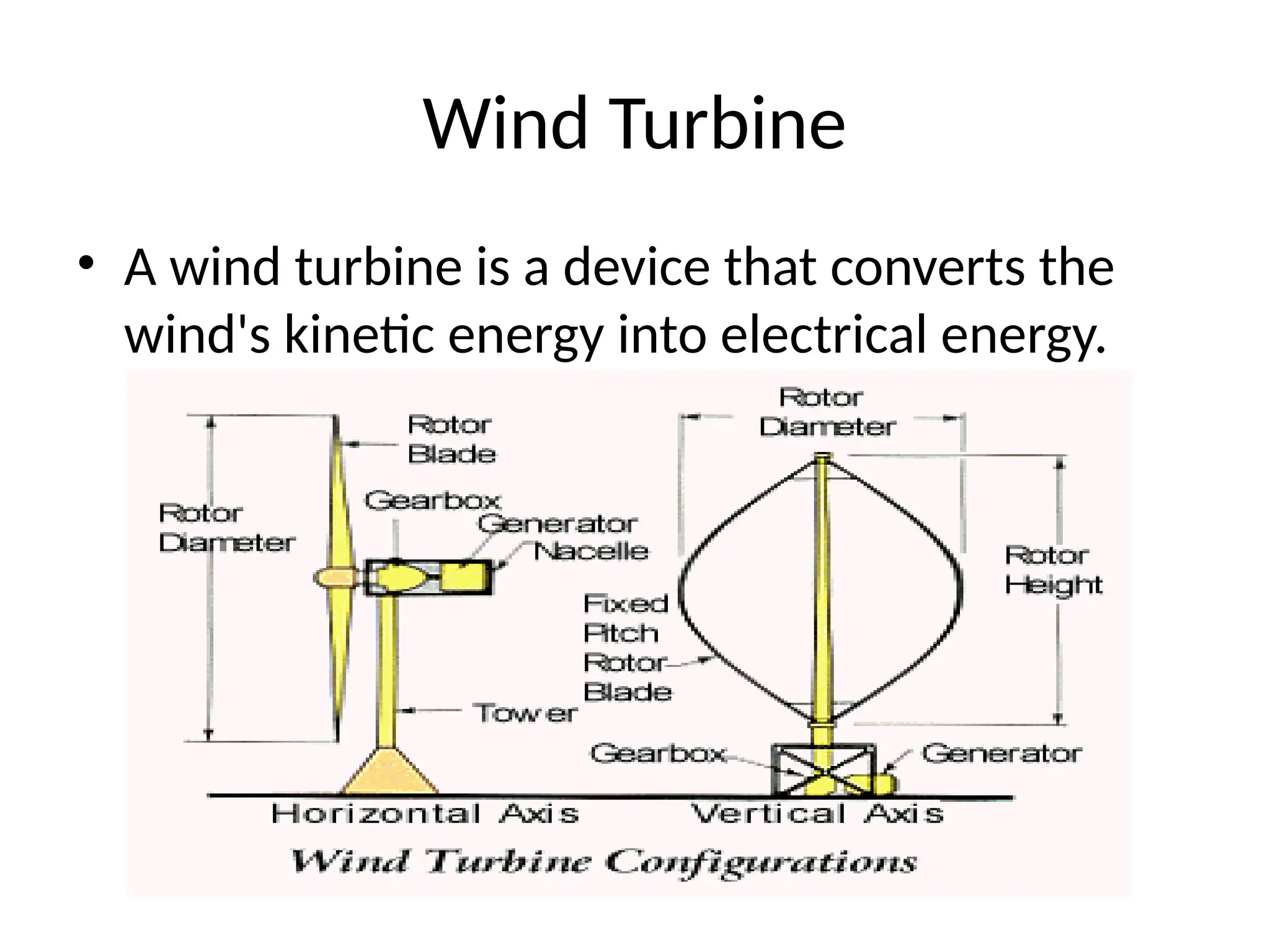 Wind Turbine
• A wind turbine is a device that converts the
wind's kinetic energy into electrical energy.
 