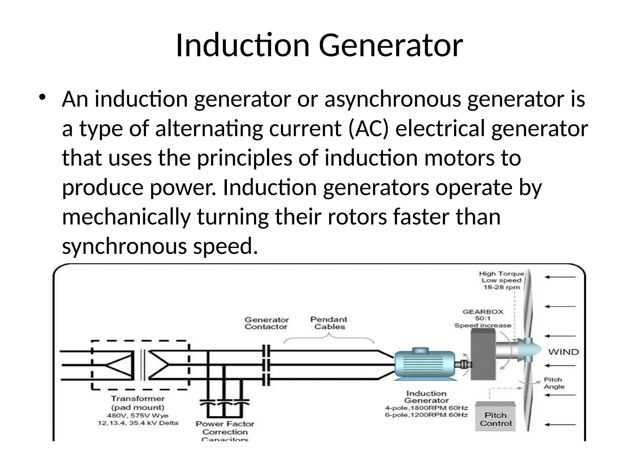 Induction Generator
• An induction generator or asynchronous generator is
a type of alternating current (AC) electrical generator
that uses the principles of induction motors to
produce power. Induction generators operate by
mechanically turning their rotors faster than
synchronous speed.
 