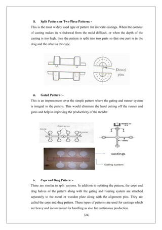 [21]
ii. Split Pattern or Two Piece Pattern: -
This is the most widely used type of pattern for intricate castings. When the contour
of casting makes its withdrawal from the mold difficult, or when the depth of the
casting is too high, then the pattern is split into two parts so that one part is in the
drag and the other in the cope.
iii. Gated Pattern: -
This is an improvement over the simple pattern where the gating and runner system
is integral to the pattern. This would eliminate the hand cutting off the runner and
gates and help in improving the productivity of the molder.
iv. Cope and Drag Pattern: -
These are similar to split patterns. In addition to splitting the pattern, the cope and
drag halves of the pattern along with the gating and risering system are attached
separately to the metal or wooden plate along with the alignment pins. They are
called the cope and drag pattern. These types of patterns are used for castings which
are heavy and inconvenient for handling as also for continuous production.
 
