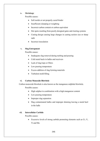 [58]
iv. Shrinkage
Possible causes:
 Soft molds or not properly cured binder
 Insufficient clamping or weighting
 Incorrect carbon content or carbon equivalent
 Hot spots resulting from poorly designed gates and risering systems
 Casting design causing large changes in casting section size or sharp
radii
 Incorrect inoculation
v. Slag Entrapment
Possible causes:
 Inadequate slag removal during melting and pouring
 Cold metal heels in ladles and receivers
 Lack of slag traps or filters
 Low pouring temperature
 Excess addition of slag forming materials
 Turbulent mold filling
vi. Carbon Monoxide Blowhole
Carbon monoxide blowhole is also known as the manganese sulphide blowhole.
Possible causes:
 High sulphur in combination with a high manganese content
 Low pouring temperature
 Improper slag separation
 Slag contaminated ladles and improper draining leaving a metal heel
in the ladle
vii. Intercellular Carbide
Possible causes:
 Excessive levels of strong carbide promoting elements such as Cr, V,
Ti and Mo
 