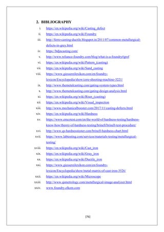 [76]
2. BIBLIOGRAPHY
i. https://en.wikipedia.org/wiki/Casting_defect
ii. https://en.wikipedia.org/wiki/Foundry
iii. http://ferro-casting-ductile.blogspot.in/2011/07/common-metallurgical-
defects-in-grey.html
iv. https://bdjncasting.com/
v. http://www.reliance-foundry.com/blog/what-is-a-foundry#gref
vi. https://en.wikipedia.org/wiki/Pattern_(casting)
vii. https://en.wikipedia.org/wiki/Sand_casting
viii. https://www.giessereilexikon.com/en/foundry-
lexicon/Encyclopedia/show/core-shooting-machine-3221/
ix. http://www.themetalcasting.com/gating-system-types.html
x. http://www.themetalcasting.com/gating-design-analysis.html
xi. https://en.wikipedia.org/wiki/Riser_(casting)
xii. https://en.wikipedia.org/wiki/Visual_inspection
xiii. http://www.mechanicalbooster.com/2017/11/casting-defects.html
xiv. https://en.wikipedia.org/wiki/Hardness
xv. https://www.emcotest.com/en/the-world-of-hardness-testing/hardness-
know-how/theory-of-hardness-testing/brinell/brinell-test-procedure/
xvi. http://www.qs-hardnesstester.com/brinell-hardness-chart.html
xvii. https://www.labtesting.com/services/materials-testing/metallurgical-
testing/
xviii. https://en.wikipedia.org/wiki/Cast_iron
xix. https://en.wikipedia.org/wiki/Gray_iron
xx. https://en.wikipedia.org/wiki/Ductile_iron
xxi. https://www.giessereilexikon.com/en/foundry-
lexicon/Encyclopedia/show/metal-matrix-of-cast-iron-3526/
xxii. https://en.wikipedia.org/wiki/Microscope
xxiii. http://www.qsmetrology.com/metallurgical-image-analyzer.html
xxiv. www.foundry.elkem.com
 