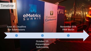 June 30: Deadline
for Submissions
October 15:
Presentation
Submission
November 8-9:
PAW Berlin
Timeline
 