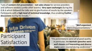 "Well organized.
Interesting presentations.“
"The presentations were all of good quality.
In particular, the keynote speeches were
well chosen and interesting and diverse
topics were covered during conference.”
"Lots of content-rich presentation – not sales shows for service providers
and software vendors (unlike other events). Very open exchanges during the
Q & A which followed the talks and no glorification of results by the speakers.
Participants with a high level of technical knowledge, thus enabling fruitful
discussions during the breaks. "
Participant
Satisfaction
 