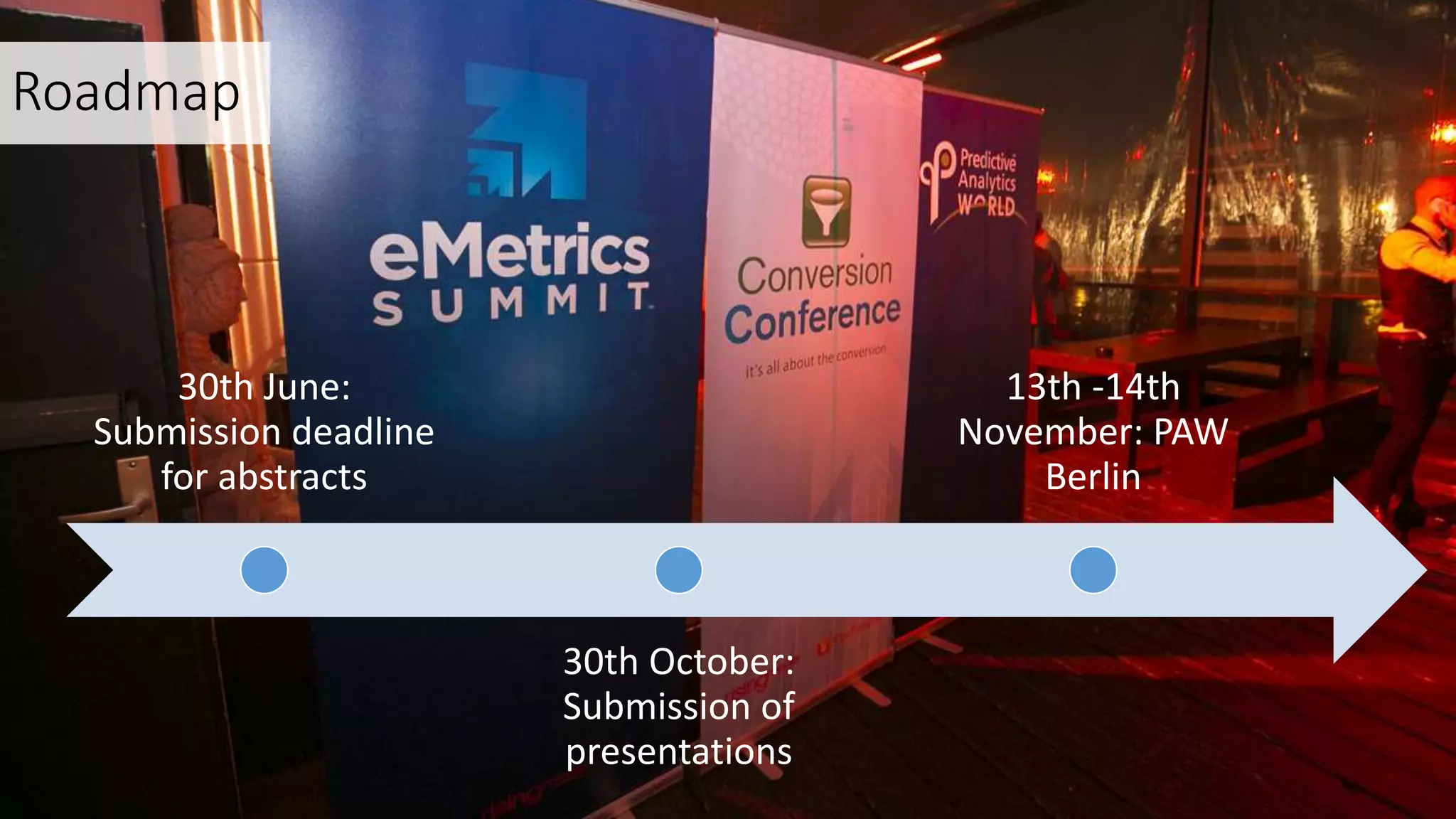 30th June:
Submission deadline
for abstracts
30th October:
Submission of
presentations
13th -14th
November: PAW
Berlin
Roadmap
 