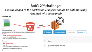 www.securing.pl
Bob’s 2nd challenge:
Files uploaded to the particular S3 bucket should be automatically
renamed with some prefix
test-new.png
event
s3: {
s3SchemaVersion: '1.0',
configurationId: 'f67747b9-c02c-4e54-8e49-2dba5060d555',
bucket: {
name: 'serverless-security-demo',
ownerIdentity: [Object],
arn: 'arn:aws:s3:::serverless-security-demo'
},
object: {
key: 'test-new.png',
size: 20,
eTag: '3de8f8b0dc94b8c2230fab9ec0ba0506',
sequencer: '005E88ACC4D5810265'
}
 