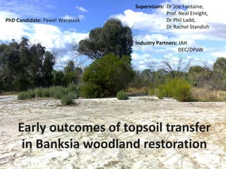 PhD Candidate: Paweł Waryszak
Early outcomes of topsoil transfer
in Banksia woodland restoration
Supervisors: Dr Joe Fontaine,
Prof. Neal Enright,
Dr Phil Ladd,
Dr Rachel Standish
Industry Partners: JAH
DEC/DPaW
 