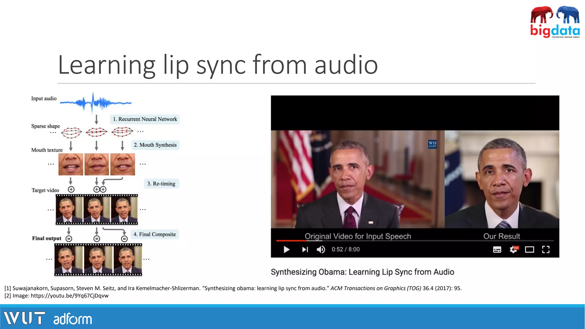Learning lip sync from audio
[1] Suwajanakorn, Supasorn, Steven M. Seitz, and Ira Kemelmacher-Shlizerman. "Synthesizing obama: learning lip sync from audio." ACM Transactions on Graphics (TOG) 36.4 (2017): 95.
[2] Image: https://youtu.be/9Yq67CjDqvw
 