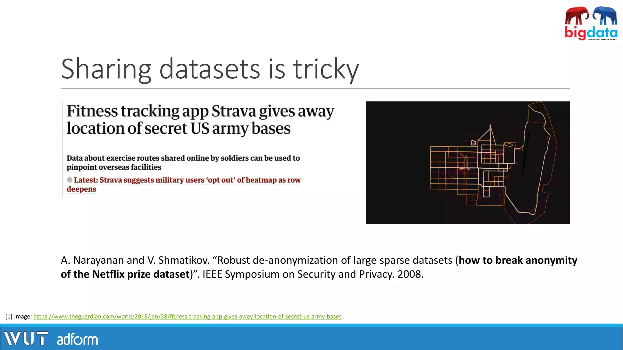 Sharing datasets is tricky
[1] Image: https://www.theguardian.com/world/2018/jan/28/fitness-tracking-app-gives-away-location-of-secret-us-army-bases
A. Narayanan and V. Shmatikov. “Robust de-anonymization of large sparse datasets (how to break anonymity
of the Netflix prize dataset)”. IEEE Symposium on Security and Privacy. 2008.
 