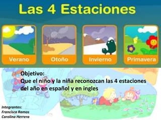 Objetivo:
Que el niño y la niña reconozcan las 4 estaciones
del año en español y en ingles
Integrantes:
Francisca Ramos
Carolina Herrera
 