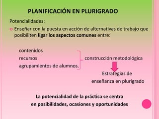 PLANIFICACIÓN EN PLURIGRADOPotencialidades:Enseñar con la puesta en acción de alternativas de trabajo que posibiliten ligar los aspectos comunes entre:        contenidos        recursos                                        construcción metodológica        agrupamientos de alumnos.                                                                                                                      Estrategias de                                                                     enseñanza en plurigradoLa potencialidad de la práctica se centra en posibilidades, ocasiones y oportunidades