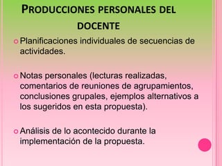 Producciones personales del docentePlanificaciones individuales de secuencias de actividades.Notas personales (lecturas realizadas, comentarios de reuniones de agrupamientos, conclusiones grupales, ejemplos alternativos a los sugeridos en esta propuesta).Análisis de lo acontecido durante la implementación de la propuesta. 