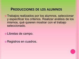 Producciones de los alumnosTrabajos realizados por los alumnos, seleccionar y especificar los criterios. Realizar análisis de los mismos, qué quieren mostrar con el trabajo seleccionado.Libretas de campo.Registros en cuadros. 
