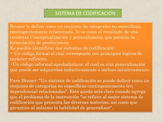 SISTEMA DE CODIFICACIÓN
Bruner lo define como un conjunto de categorías no específicas,
contingentemente relacionada, lo ve como el resultado de una
creciente Conceptualización y generalización que permite la
formulación de predicciones.
Es posible identificar dos sistemas de codificación:
• Un código formal el cual corresponde con principios lógicos de
carácter reflexivo.
•Un código informal aprobalisticos: el cual es una generalización
que puede ser adquiridas inductivamente o incluso intuitivamente.
Para Bruner: "Un sistema de codificación se puede definir como un
conjunto de categorías no específicas contingentemente (en
dependencia) relacionadas". Esto queda más claro cuando agrega
que el problema de la instrucción "se refiere al mejor sistema de
codificación que presenta las diversas materias, así como que
garantice al máximo la habilidad de generalizar".
 